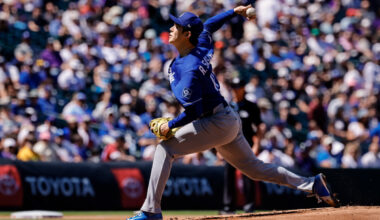 Apr 19, 2026; Denver, Colorado, USA; Los Angeles Dodgers starting pitcher Roki Sasaki (11) pitches in the first inning against the Colorado Rockies at Coors Field. Mandatory Credit: Isaiah J. Downing-Imagn Images