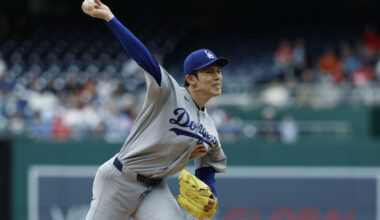 Apr 5, 2026; Washington, District of Columbia, USA; Los Angeles Dodgers pitcher Roki Sasaki (11) pitches against the Washington Nationals during the first inning at Nationals Park. Mandatory Credit: Geoff Burke-Imagn Images