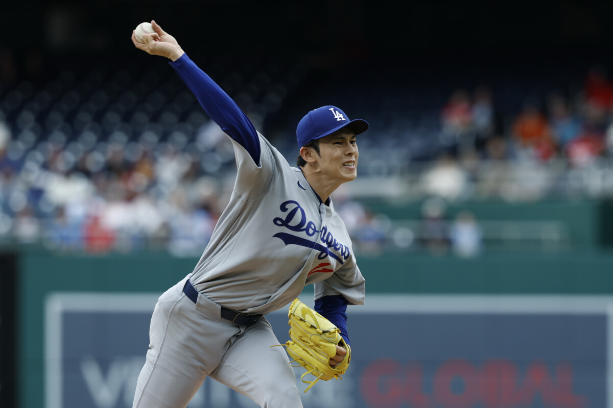 Apr 5, 2026; Washington, District of Columbia, USA; Los Angeles Dodgers pitcher Roki Sasaki (11) pitches against the Washington Nationals during the first inning at Nationals Park. Mandatory Credit: Geoff Burke-Imagn Images