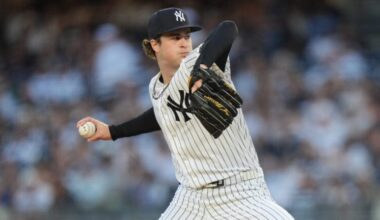 New York Yankees' Cam Schlittler pitches during the first inning of a baseball game against the Kansas City Royals Friday, April 17, 2026, in New York. (AP Photo/Frank Franklin II)