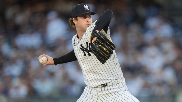 New York Yankees' Cam Schlittler pitches during the first inning of a baseball game against the Kansas City Royals Friday, April 17, 2026, in New York. (AP Photo/Frank Franklin II)
