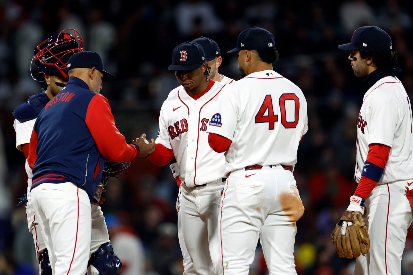 Red Sox starter Brayan Bello handed the ball to manager Alex Cora after allowing four runs in 3⅓ innings.