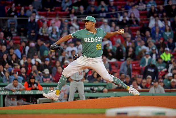Boston Red Sox starting pitcher Ranger Suarez throws in the first inning at Fenway Park. The Red Sox topped the Tigers in 10 innings, 1-0. (Staff photo by Stuart Cahill/Boston Herald)