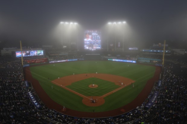 Kauffman Stadium in Kansas City, Mo. is blanketed with fog.