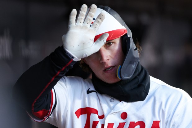 Minnesota Twins' Luke Keaschall celebrates after scoring on a single hit by Royce Lewis during the third inning of baseball game against the Detroit Tigers, Monday, April 6, 2026, in Minneapolis. (AP Photo/Matt Krohn)