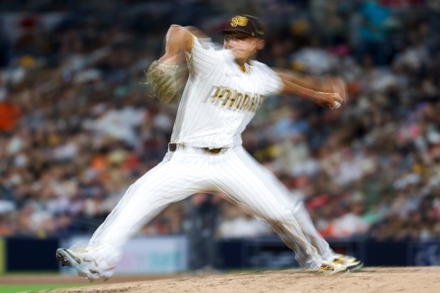 Kyle Hart #68 of the San Diego Padres pitches against the San Francisco Giants during the fifth inning at Petco Park on Tuesday, March 31, 2026 in San Diego, California. (Meg McLaughlin / The San Diego Union-Tribune)