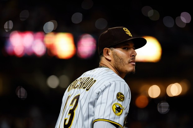 Manny Machado of the San Diego Padres looks on before the ninth inning against the Seattle Mariners at Petco Park on Thursday, April 16, 2026 in San Diego, California. (Meg McLaughlin / The San Diego Union-Tribune)