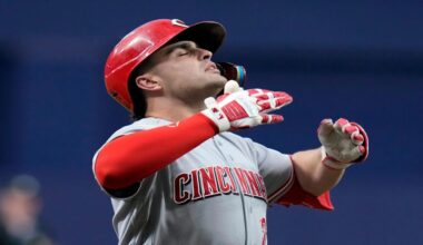 Cincinnati Reds' Sal Stewart celebrates as he runs the bases following hit two-run home run off Tampa Bay Rays pitcher Jesse Scholtens during the first inning of a baseball game Monday, April 20, 2026, in St. Petersburg, Fla. (AP Photo/Chris O'Meara)