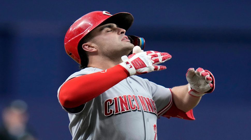 Cincinnati Reds' Sal Stewart celebrates as he runs the bases following hit two-run home run off Tampa Bay Rays pitcher Jesse Scholtens during the first inning of a baseball game Monday, April 20, 2026, in St. Petersburg, Fla. (AP Photo/Chris O'Meara)