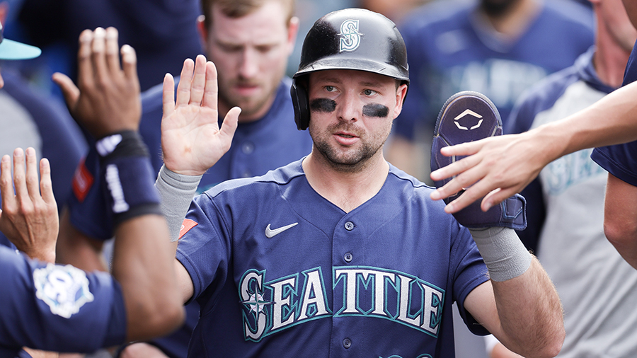 Seattle Mariners Cal Raleigh celebrates RBI Angels 2026...