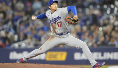 Apr 8, 2026; Toronto, Ontario, CAN; Los Angeles Dodgers starting pitcher Shohei Ohtani (17) pitches to the Toronto Blue Jays during the first inning at Rogers Centre. Mandatory Credit: John E. Sokolowski-Imagn Images