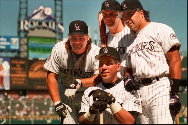 The Blake Street Bombers at Coors field during the 1995 baseball season. Clockwise from bottom, Andres Galarraga, Dante Bichette, Larry Walker, Vinny Castilla. (File photo by Dominic Chavez/The Denver Post)
