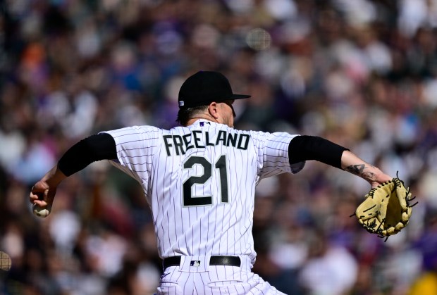 Rockies starting pitcher Kyle Freeland pitches against the Washington Nationals in the seventh inning at Coors Field during the Rockies home opener on April 6, 2023. (Photo by Andy Cross/The Denver Post)