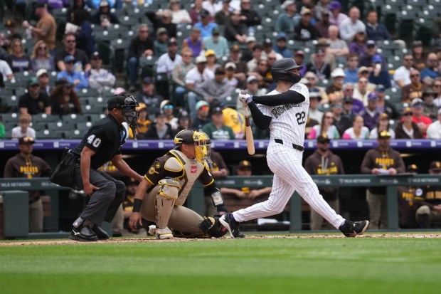 Mickey Moniak, left fielder for the Colorado Rockies, hits a home run during Thursdays game against the San Diego Padres at Coors Field in Denver on Thursday, April 23, 2026. (Photo by Harmon Dobson/The Denver Post)
