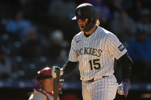Catcher Hunter Goodman (15) of the Colorado Rockies reacts to being struck out by pitcher Tim Mayza (37) of the Philadelphia Phillies during the bottom of the eighth of the Rockies' season home opener on Friday, April 3, 2026, at Coors Field in Denver. (Photo by Timothy Hurst/The Denver Post)