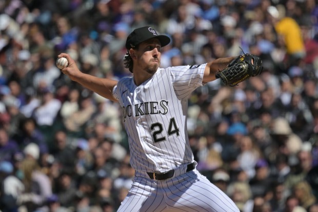 Colorado Rockies Michael Lorenzen (24) pitches against the Philadelphia Phillies at Coors Field in Denver on Friday, April 3, 2026. Philadelphia won 10-1. (Photo by Hyoung Chang/The Denver Post)