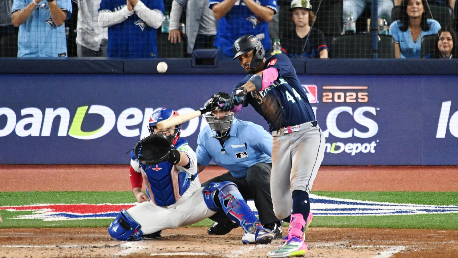 Seattle Mariners center fielder Julio Rodriguez (44) hits a home run against the Toronto Blue Jays in the third inning during game seven of the ALCS round for the 2025 MLB playoffs at Rogers Centre. 