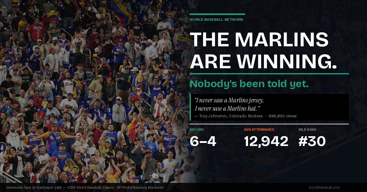 Alt text: Venezuela fans pack loanDepot park during the 2026 World Baseball Classic — the same stadium where the Miami Marlins average 12,942 fans per game