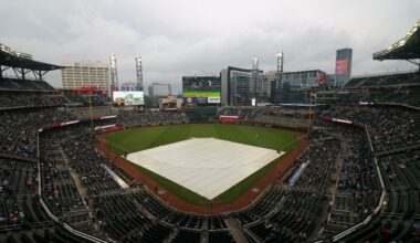 May 22, 2023; Atlanta, Georgia, USA; The tarp covers the field at Truist Park during a rain delay before a game between the Atlanta Braves and Los Angeles Dodgers. Mandatory Credit: Brett Davis-USA TODAY Sports