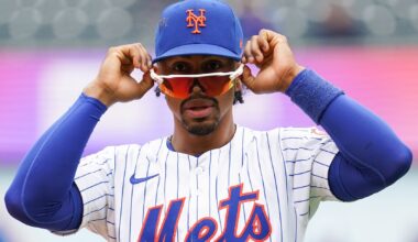 May 28, 2025; New York, New York, USA; New York Mets shortstop Francisco Lindor (12) warms up before the game against the Chicago White Sox at Citi Field. Mandatory Credit: Lucas Boland-Imagn Images