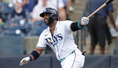 Jul 20, 2025; Tampa, Florida, USA; Tampa Bay Rays first baseman Yandy Diaz (2) doubles against the Baltimore Orioles in the third inning at George M. Steinbrenner Field. Mandatory Credit: Nathan Ray Seebeck-Imagn Images