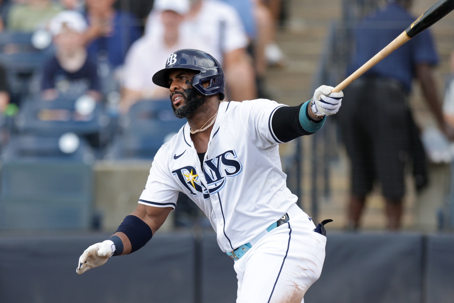 Jul 20, 2025; Tampa, Florida, USA; Tampa Bay Rays first baseman Yandy Diaz (2) doubles against the Baltimore Orioles in the third inning at George M. Steinbrenner Field. Mandatory Credit: Nathan Ray Seebeck-Imagn Images