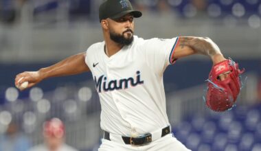 Aug 20, 2025; Miami, Florida, USA; Miami Marlins pitcher Sandy Alcantara (22) pitches against the St. Louis Cardinals in the first inning at loanDepot Park. Mandatory Credit: Jim Rassol-Imagn Images