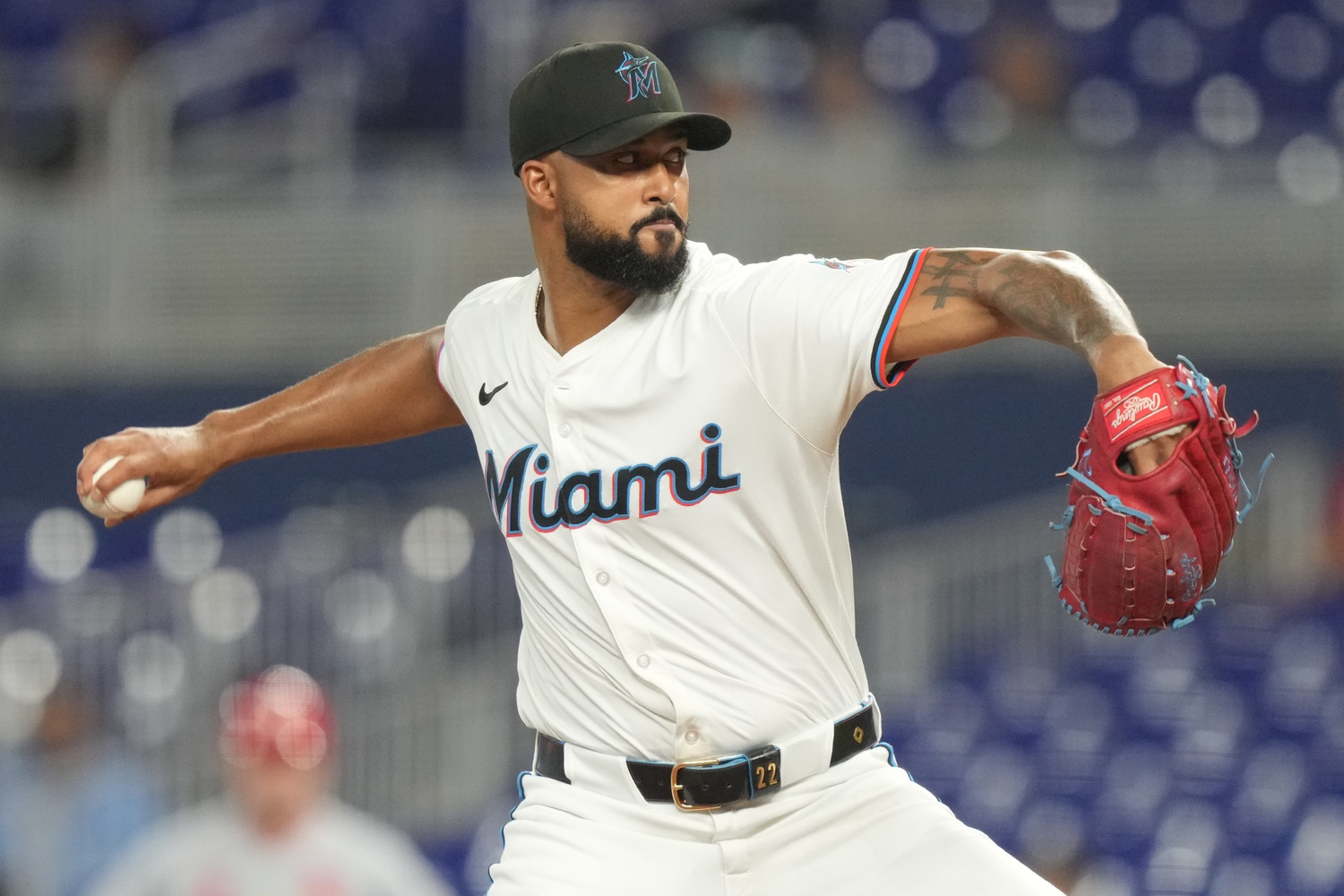 Aug 20, 2025; Miami, Florida, USA; Miami Marlins pitcher Sandy Alcantara (22) pitches against the St. Louis Cardinals in the first inning at loanDepot Park. Mandatory Credit: Jim Rassol-Imagn Images