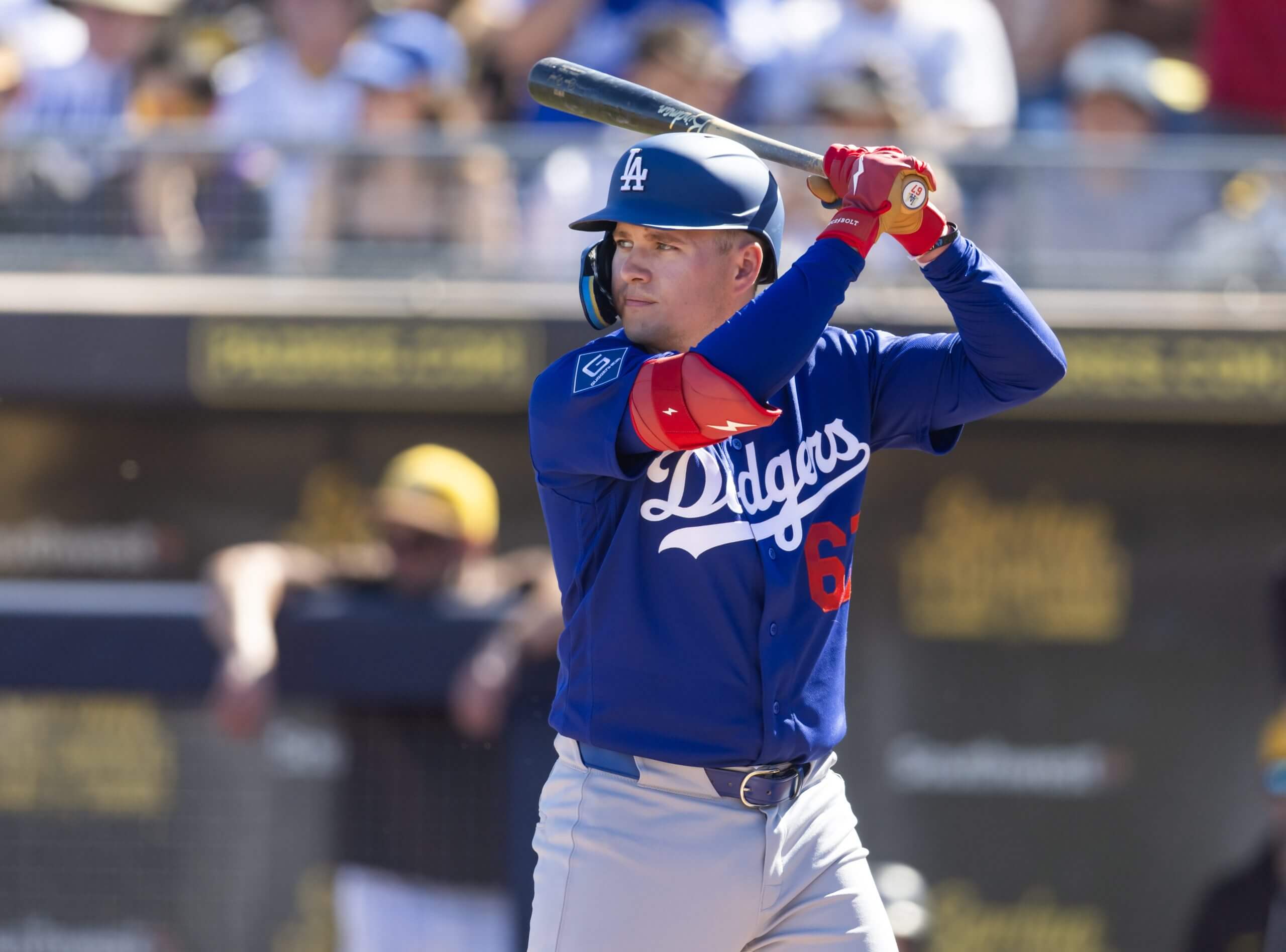 Ryan Ward hits for the Dodgers during a spring-training game in February. 