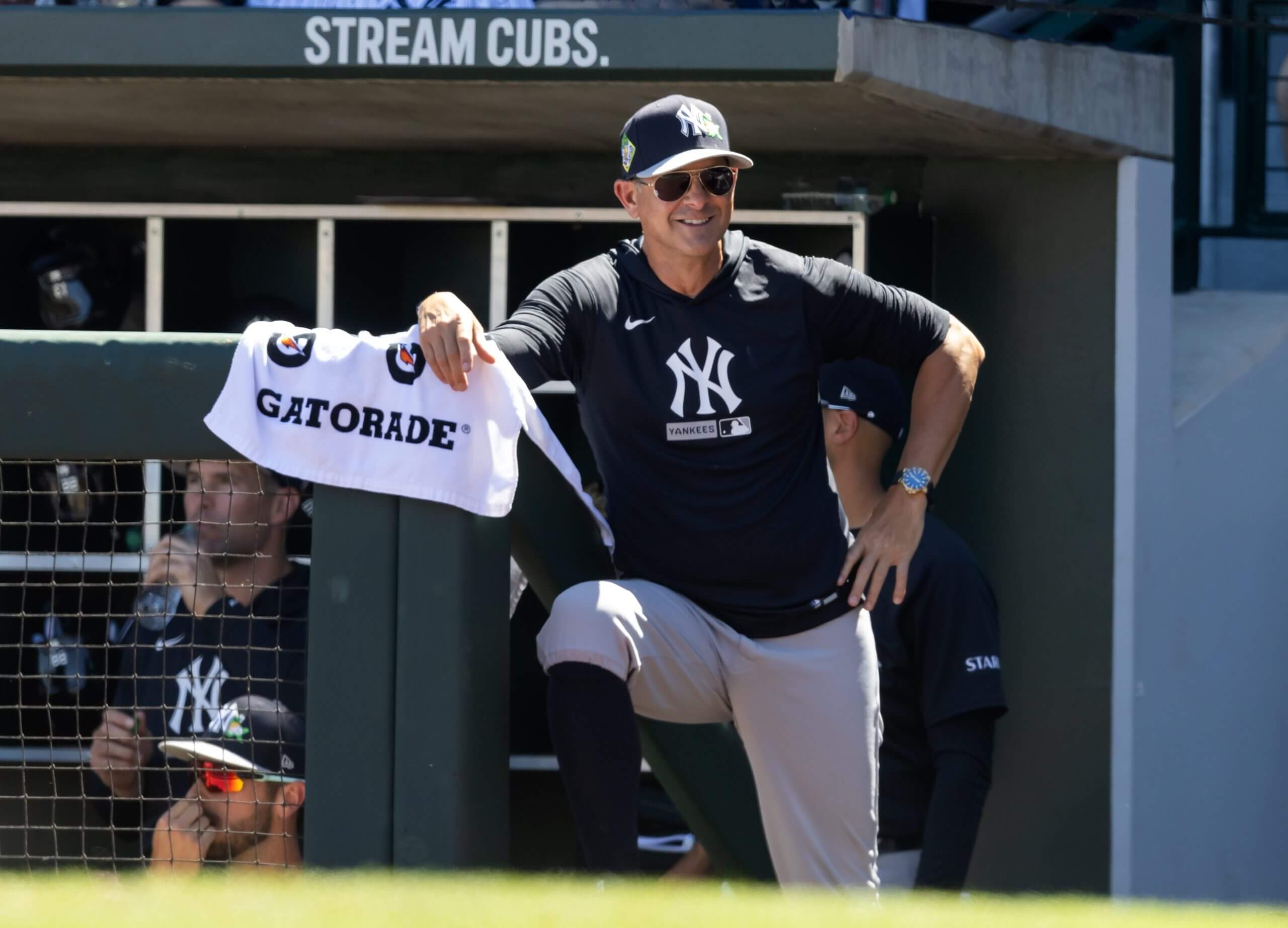 New York Yankees manager Aaron Boone against the Chicago Cubs during spring training at Sloan Park. 