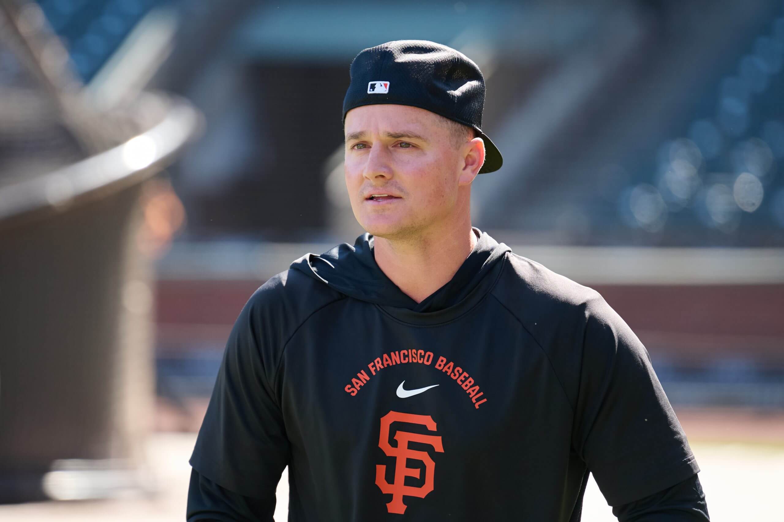 San Francisco Giants infielder Matt Chapman (26) looks on during warmups before the game against the New York Mets at Oracle Park.