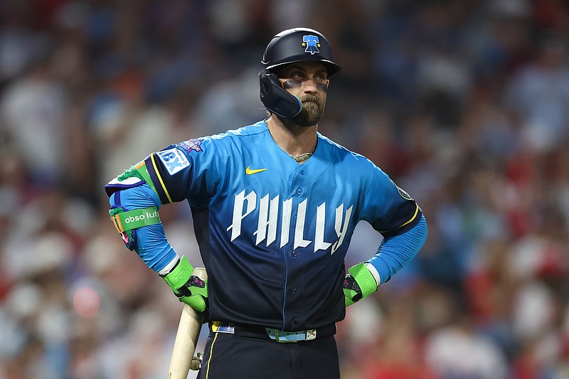 Apr 17, 2026; Philadelphia, Pennsylvania, USA; Philadelphia Phillies first baseman Bryce Harper (3) stands with hands on hips after a pop out to end the seventh inning against the Atlanta Braves at Citizens Bank Park. Mandatory Credit: Bill Streicher-Imagn Images