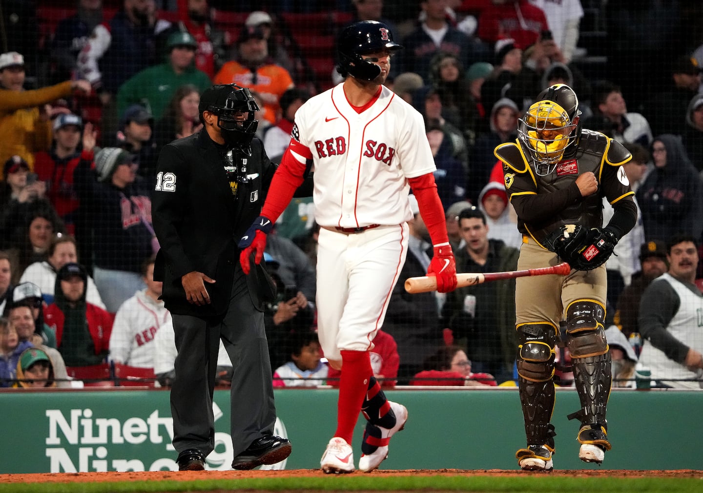 Marcelo Mayer heads back to the dugout after striking out swinging against Padres closer Mason Miller to end the game.