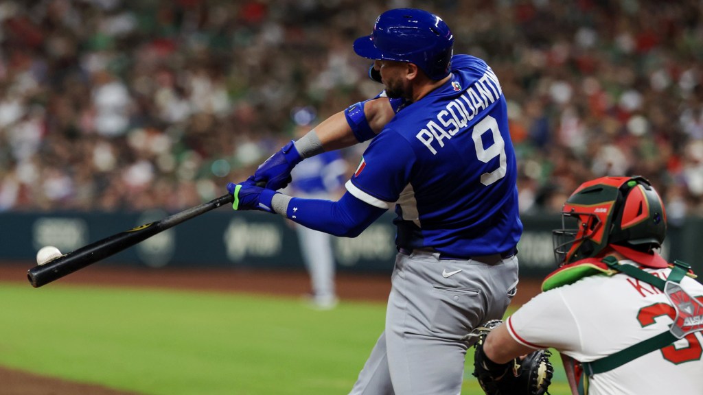 Italy first baseman Vinnie Pasquantino (9) hits a home run against Italy in the sixth inning at Daikin Park.