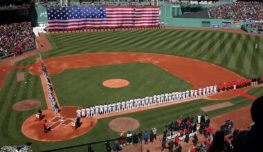 Boston, MA- April 05, 2018: Opening ceremony included a flyover during the Boston Red Sox home opener against the Tampa Bay Rays at Fenway Park in Boston, MA on  April 05, 2018.