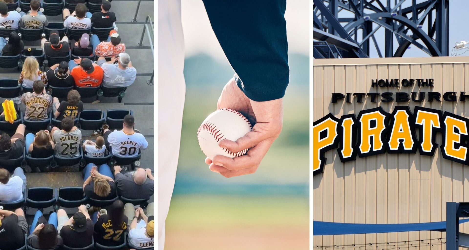 fan seats (l) baseball game (c) Pittsburgh Pirates game stadium (r)