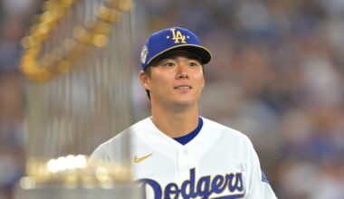 Mar 27, 2026; Los Angeles, California, USA; Los Angeles Dodgers pitcher Yoshinobu Yamamoto (18) is introduced to receive his World Series ring during a ceremony prior to the game against the Arizona Diamondbacks at Dodger Stadium. Mandatory Credit: Jayne Kamin-Oncea-Imagn Images