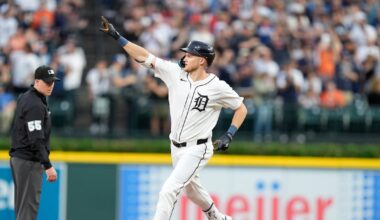 Detroit Tigers' Parker Meadows leaves game on a cart after a head-to-head collision with teammate Riley Greene