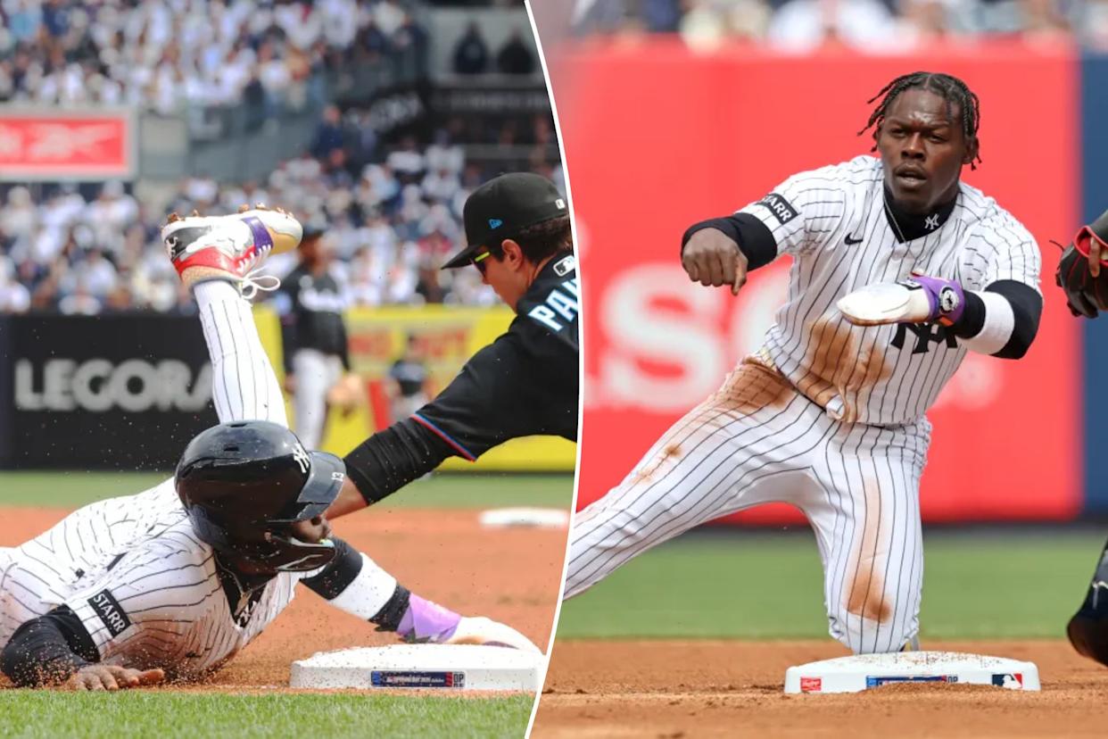 An image collage containing 2 images, Image 1 shows New York Yankees second baseman Jazz Chisholm Jr. (13) steals third base during the second inning when the New York Yankees played the Miami Marlins in their home opener Friday, April 3, 2026, Image 2 shows Jazz Chisholm Jr. stole both second and third base