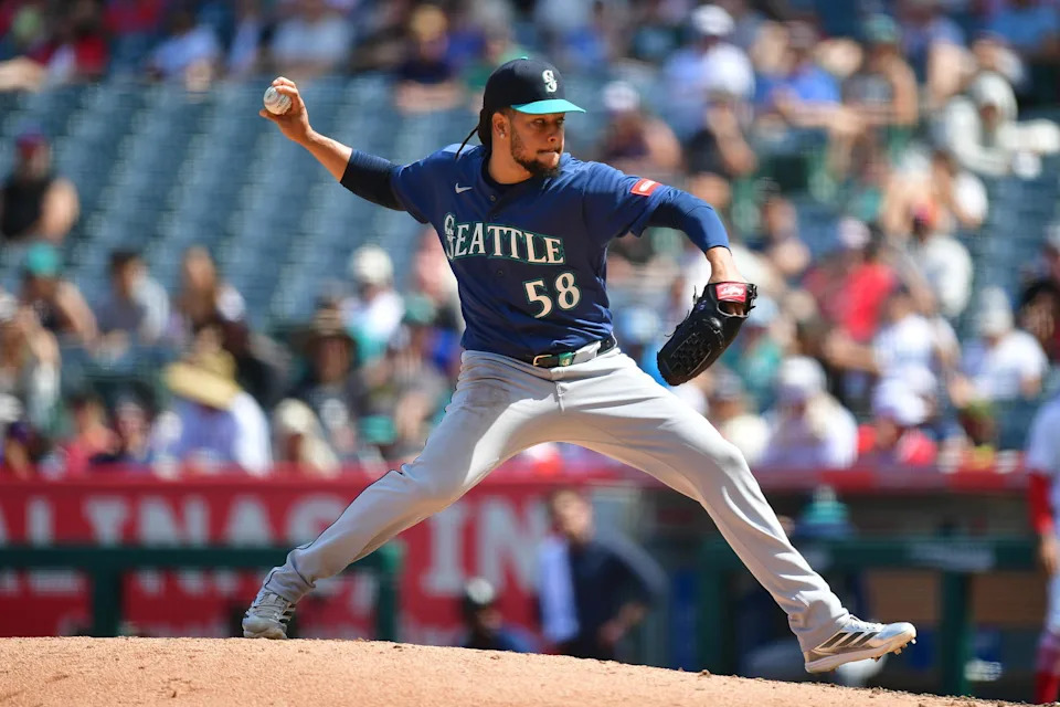 Seattle Mariners pitcher Luis Castillo throws during a game against the Los Angeles Angels on April 5 at Angel Stadium in Anaheim, Calif. | Gary A. Vasquez/Imagn Images.