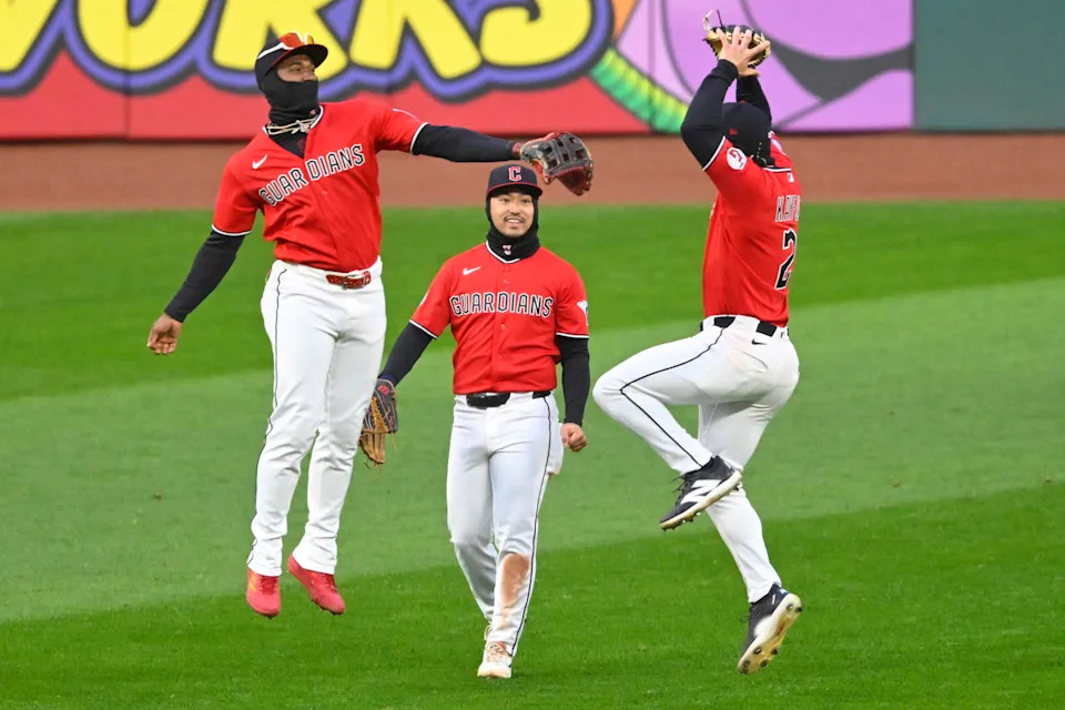Apr 5, 2026; Cleveland, Ohio, USA; The Cleveland Guardians celebrate a win over the Chicago Cubs at Progressive Field. Mandatory Credit: David Richard-Imagn Images