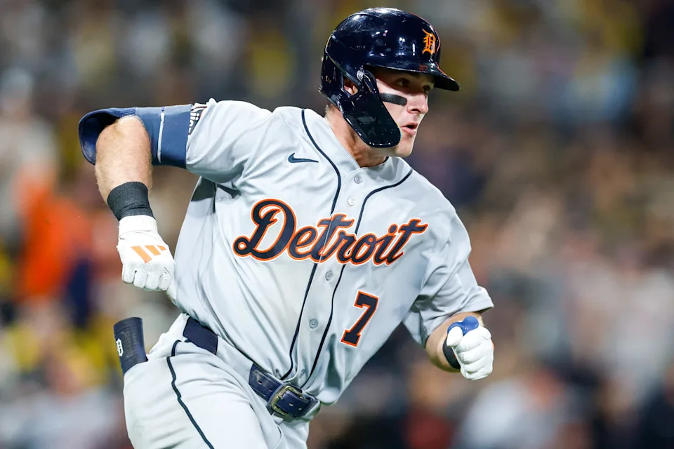 Detroit Tigers third baseman Kevin McGonigle hits a two-run single during the eighth inning against the San Diego Padres at Petco Park, March 27, 2026.