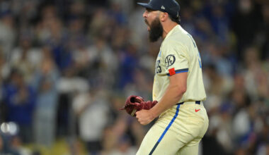 Apr 11, 2026; Los Angeles, California, USA; Los Angeles Dodgers pitcher Alex Vesia (51) reacts after striking out Texas Rangers catcher Danny Jansen (9) for the final out of the ninth inning at Dodger Stadium. Mandatory Credit: Jayne Kamin-Oncea-Imagn Images