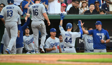 Apr 4, 2026; Washington, District of Columbia, USA; Los Angeles Dodgers center fielder Andy Pages (44) is congratulated by teammates after hitting a three run home run against the Washington Nationals during the fifth inning at Nationals Park. Mandatory Credit: Brad Mills-Imagn Images