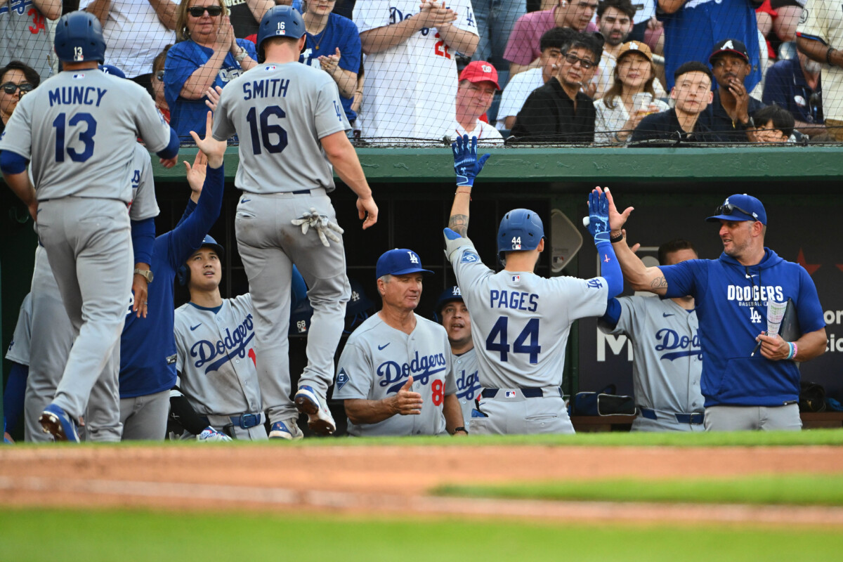 Apr 4, 2026; Washington, District of Columbia, USA; Los Angeles Dodgers center fielder Andy Pages (44) is congratulated by teammates after hitting a three run home run against the Washington Nationals during the fifth inning at Nationals Park. Mandatory Credit: Brad Mills-Imagn Images