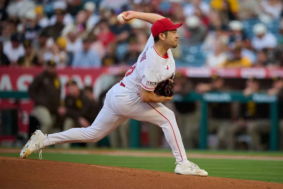 The Los Angeles Angels Yusei Kikuchi #16 pitches during an MLB game against the San Diego Padres, April 18th, 2026 in Anaheim California.