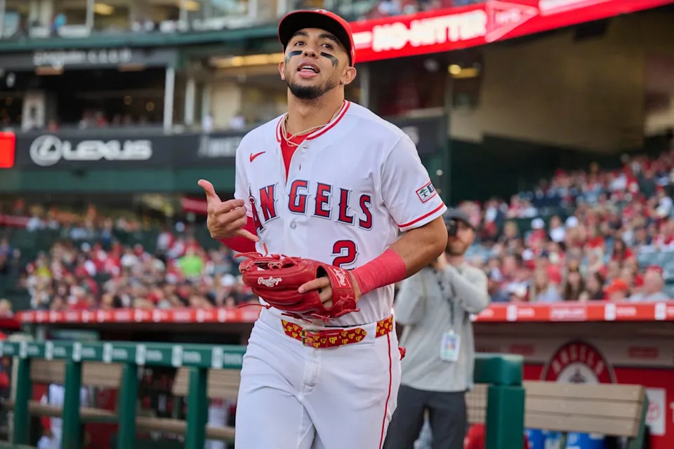The Los Angeles Angels Oswald Peraza #2 in the starting line up during an MLB game against the San Diego Padres, April 18th, 2026 in Anaheim California.