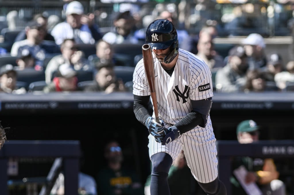 Yankees right fielder Randal Grichuk (34) reacts after striking out against the Athletics during the seventh inning at Yankee Stadium. John Jones-Imagn Images