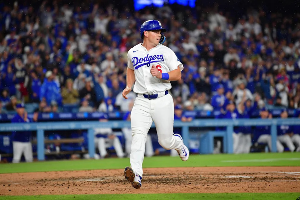 Mar 31, 2026; Los Angeles, California, USA; Los Angeles Dodgers catcher Will Smith (16) scores a run against the Cleveland Guardians during the fourth inning at Dodger Stadium. Mandatory Credit: Gary A. Vasquez-Imagn Images