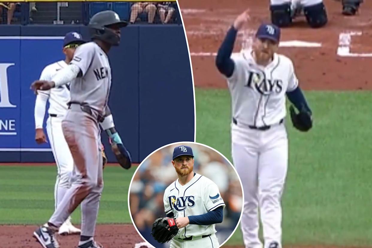 An image collage containing 3 images, Image 1 shows Jazz Chisholm appear to be tipping off pitch locations, Image 2 shows Drew Rasmussen scolds Jazz Chisholm, Image 3 shows Tampa Bay Rays pitcher Drew Rasmussen (57) walks off the field